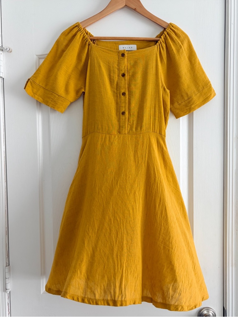 OLIVE Mustard Yellow Cotton Button Front Fit Flare Dress S Cottagecore Prairie